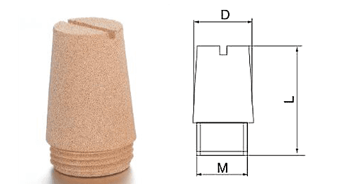 A Type J brass pneumatic muffler with powder sintered structure and a drawings on white background.