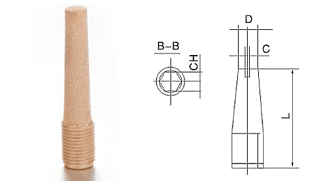 A Type K brass pneumatic muffler with powder sintered structure and a drawings on white background.