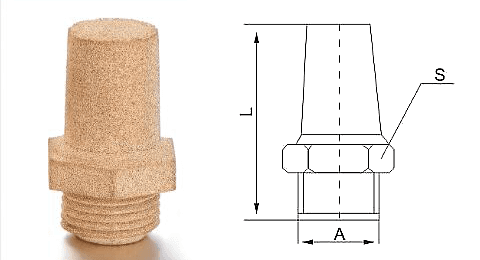 A Type L brass pneumatic muffler with powder sintered structure and a drawings on white background.