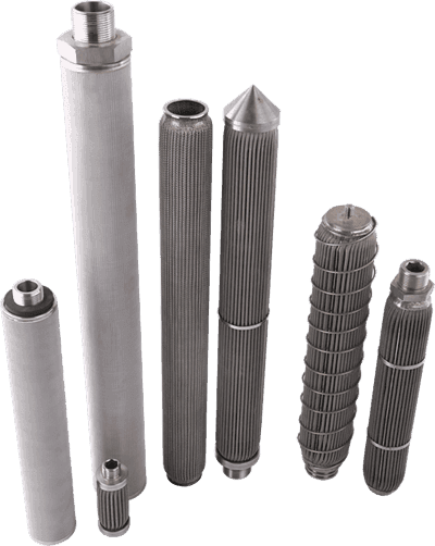 Five sintered wire mesh filter cartridges and two sintered stainless steel powder filter cartridges.
