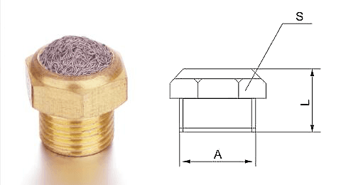 A Type A brass pneumatic muffler with compressed knitted mesh structure and a drawings on white background.