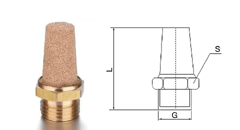 A Type A brass pneumatic muffler with powder sintered structure and a drawings on white background.