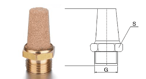 A Type B brass pneumatic muffler with powder sintered structure and a drawings on white background.