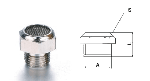 A Type A stainless steel pneumatic muffler with woven mesh structure and a drawings on white background.