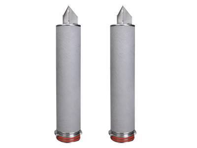 Two smooth-surface titanium powder sintered filter tubes.