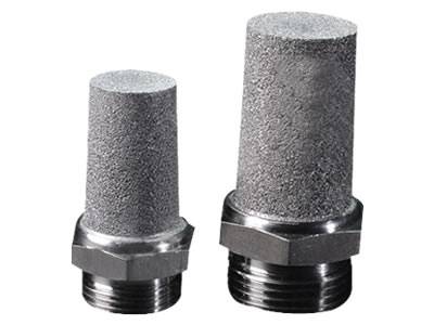 A short titanium powder sintered filter element and a long one with screw flanges.